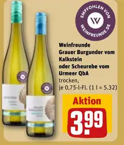 REWE Weinfreunde Grauer Burgunder vom Kalkstein oder Scheurebe vom Urmeer QbA tilbud