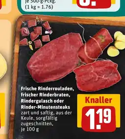 REWE Frische Rinderrouladen, frischer Rinderbraten, Rindergulasch oder Rinder-Minutensteaks tilbud