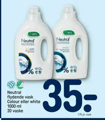 REMA 1000 Neutral flydende vask Colour eller white 1000 ml 20 vaske tilbud