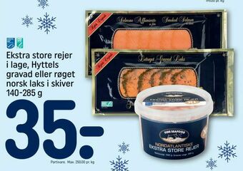 Ekstra store rejer i lage, Hyttels gravad eller røget norsk laks i skiver