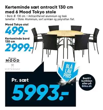 Bilka Kerteminde sæt antracit 130 cm med 6 Mood Tokyo stole tilbud