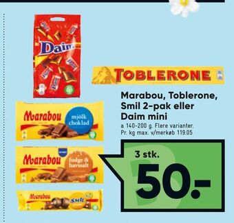Bilka Marabou, Toblerone, Smil 2-pak eller Daim mini tilbud