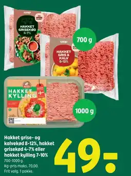 Coop 365 Hakket grise- og kalvekød 8-12%, hakket grisekød 4-7% eller hakket kylling 7-10%. tilbud