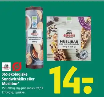 Coop 365 365 økologiske Sandwichkiks eller Müslibar* tilbud