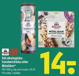 Coop 365 365 økologiske Sanwichkiks eller Müslibar tilbud