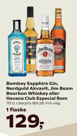 SuperBrugsen Bombay Sapphire Gin, Nordguld Akvavit, Jim Beam Bourbon Whiskey eller Havana Club Especial Rom tilbud