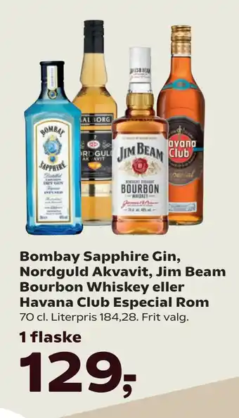 SuperBrugsen Bombay Sapphire Gin, Nordguld Akvavit, Jim Beam Bourbon Whiskey eller Havana Club Especial Rom tilbud