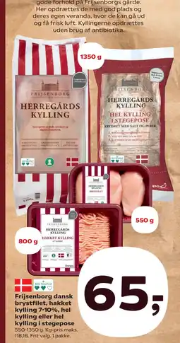 SuperBrugsen Frijsenborg dansk brystfilet, hakket kylling 7-10%, hel kylling eller hel kylling i stegepose tilbud