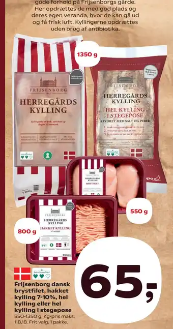 SuperBrugsen Frijsenborg dansk brystfilet, hakket kylling 7-10%, hel kylling eller hel kylling i stegepose tilbud