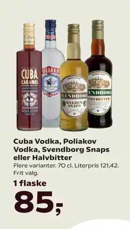 SuperBrugsen Cuba Vodka, Poliakov Vodka, Svendborg Snaps eller Halvbitter tilbud