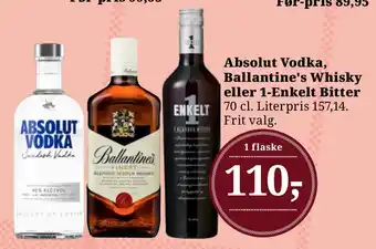 Dagli'Brugsen Absolut Vodka, Ballantine's Whisky eller 1-Enkelt Bitter tilbud