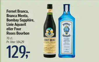 Føtex Fernet Branca, Branca Menta, Bombay Sapphire, Linie Aquavit eller Four Roses Bourbon tilbud