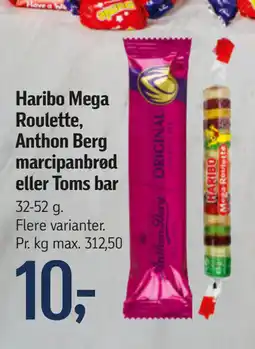 Føtex Haribo Mega Roulette, Anthon Berg marcipanbrød eller Toms bar tilbud