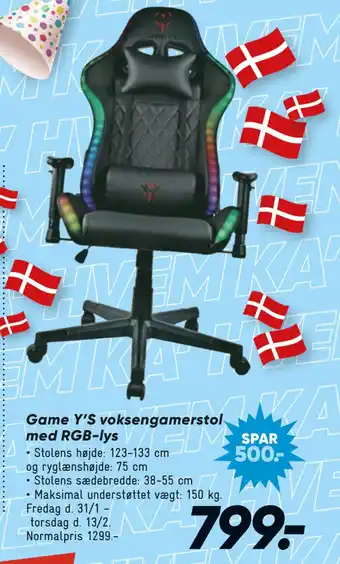 Bilka Game Y’S voksengamerstol med RGB-lys tilbud