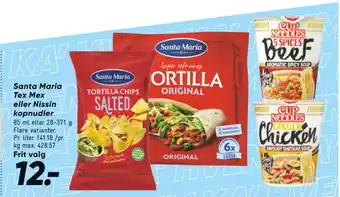 Bilka Santa Maria Tex Mex eller Nissin kopnudler tilbud