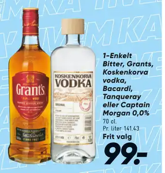 Bilka 1-Enkelt Bitter, Grants, Koskenkorva vodka, Bacardi, Tanqueray eller Captain Morgan 0,0% tilbud