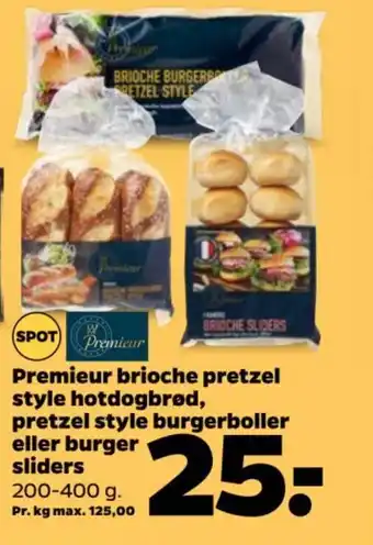 Netto Premieur brioche pretzel style hotdogbrød, pretzel style burgerboller eller burger sliders tilbud