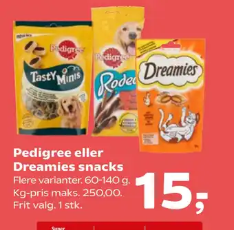 Kvickly Pedigree eller Dreamies snacks tilbud