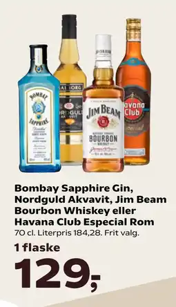 Kvickly Bombay Sapphire Gin, Nordguld Akvavit, Jim Beam Bourbon Whiskey eller Havana Club Especial Rom tilbud