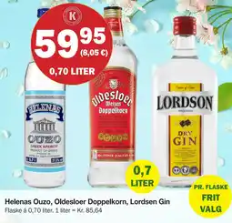 Købmandsgården Helenas Ouzo, Oldesloer Doppelkorn, Lordsen Gin tilbud