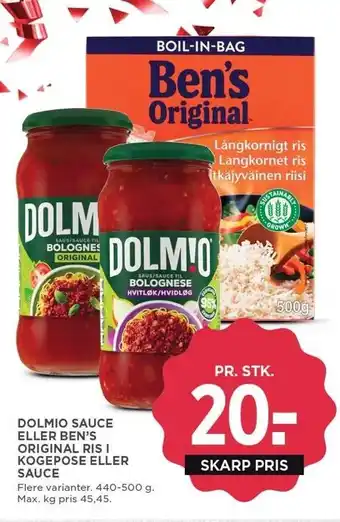 MENY DOLMIO SAUCE ELLER BEN'S ORIGINAL RIS I KOGEPOSE ELLER SAUCE tilbud