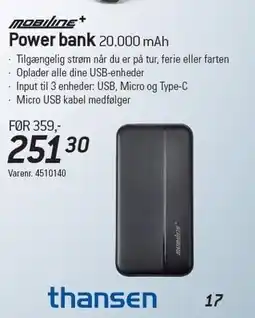 Thansen Power bank 20.000 mAh tilbud