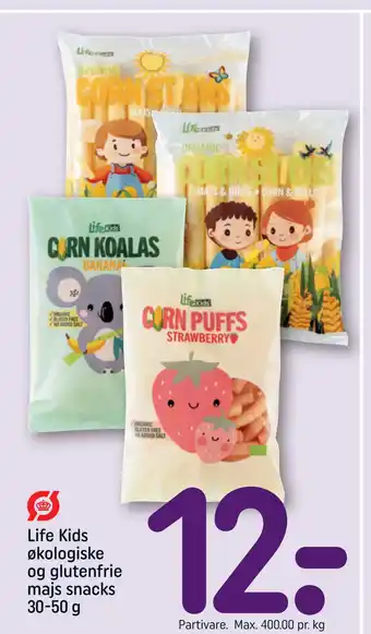 REMA 1000 Life Kids økologiske og glutenfrie majs snacks 30-50 g tilbud