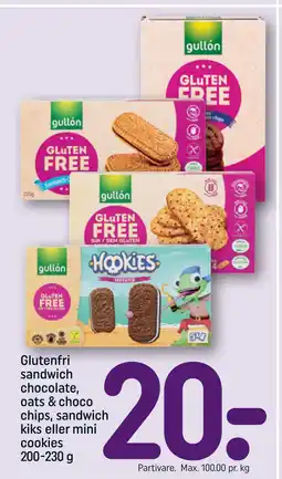 REMA 1000 Glutenfri sandwich chocolate, oats & choco chips, sandwich kiks eller mini cookies 200-230 g tilbud