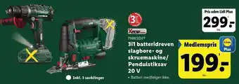 Lidl PARKSIDE 3i1 batteridreven slagbore- og skruemaskine/Pendulstiksav 20 v tilbud