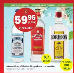 Købmandsgården Helenas Ouzo, Oldesloer Doppelkom, Lordsen Gin tilbud