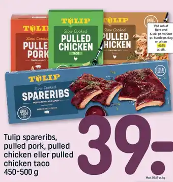 REMA 1000 TULIP spareribs, pulled pork, pulled chicken eller pulled chicken taco tilbud