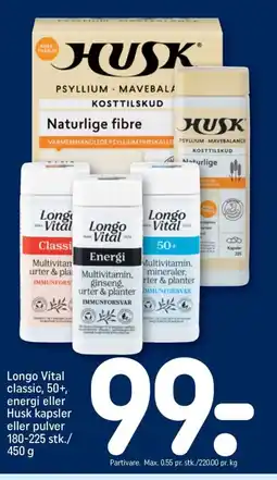 REMA 1000 LONGO Vital classic, 50+, energi eller Husk kapsler eller pulver tilbud