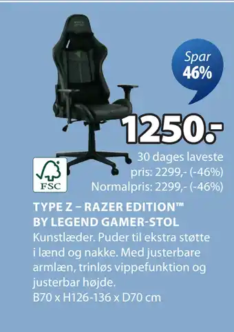 JYSK TYPE Z – RAZER EDITION BY LEGEND GAMER-STOL tilbud