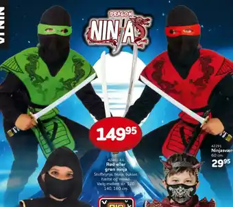 Buddy Leg 42461-66 Rød eller grøn ninja Stofbrynje, bluse, bukser, hætte og maske. tilbud