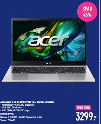 Elgiganten Acer Aspire 3 R5-5500U/8/51215,6" bærbar computer tilbud