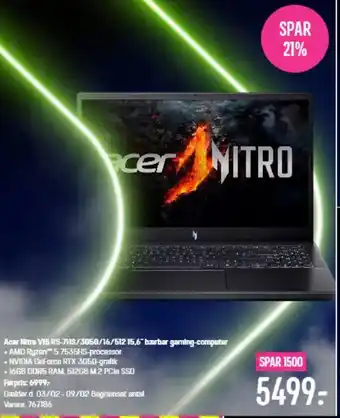 Elgiganten Acer Nitro V15 R5-7HS/3050/16/512 15,6" barbar gaming-computer tilbud