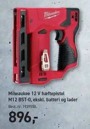 Johannes Fog Milwaukee 12 V hæftepistol M12 BST-0, ekskl. batteri og lader tilbud