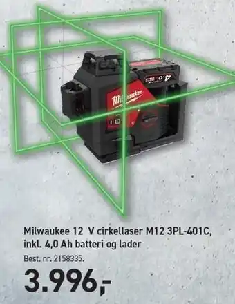 Johannes Fog Milwaukee 12 V cirkellaser M12 3PL-401C, inkl. 4,0 Ah batteri og lader tilbud