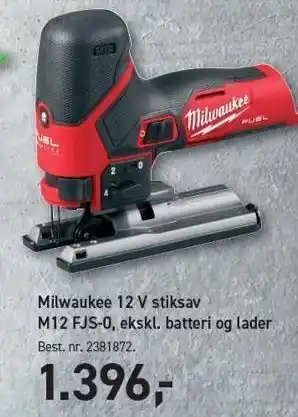 Johannes Fog Milwaukee 12 V stiksav M12 FJS-0, ekskl. batteri og lader tilbud