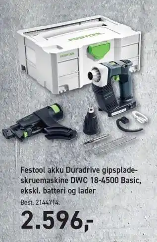 Johannes Fog Festool akku Duradrive gipsplade-skruemaskine DWC 18-4500 Basic, ekskl. batteri og lader tilbud