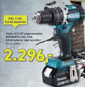 Johannes Fog Makita 18 V LXT slagboremaskine DHP484RT3J, inkl. 3 stk. 5,0 Ah batterier, lader og kuffert tilbud