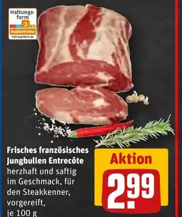 REWE Frisches französisches Jungbullen Entrecôte herzhaft und saftig im Geschmack, für den Steakkenner, tilbud