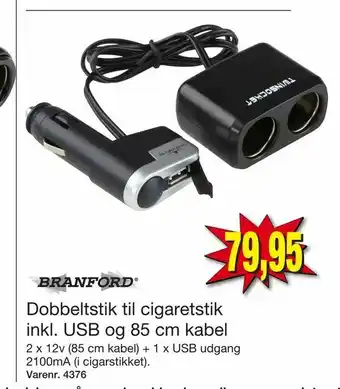 Harald Nyborg Dobbeltstik til cigaretstik inkl. USB og 85 cm kabel tilbud