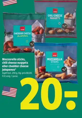 Coop 365 Mozzarella sticks, chili cheese nuggets eller cheddar cheese jalapenos tilbud