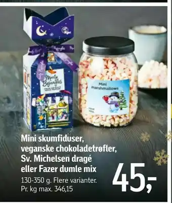 Føtex Mini skumfiduser, veganske chokoladetrøfler, Sv. Michelsen dragé eller Fazer dumle mix tilbud