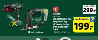 Lidl 3i1 batteridreven slagbore- og skruemaskine/ Pendulstiksav 20V tilbud