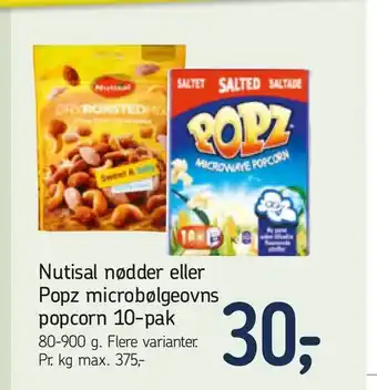 Føtex Nutisal nødder eller Popz microbølgeovns popcorn 10-pak tilbud