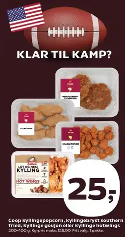 SuperBrugsen Coop kyllingepopcorn, kyllingebryst southern fried, kyllinge goujon eller kyllinge hotwings tilbud