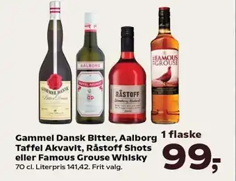 SuperBrugsen Gammel Dansk Bitter, Aalborg Taffel Akvavit, Råstoff Shots eller Famous Grouse Whisky tilbud