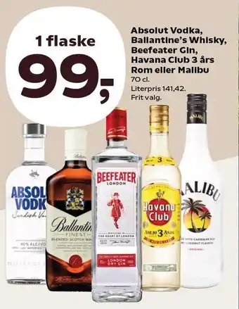 SuperBrugsen Absolut Vodka, Ballantines's Whisky, Beefeater Gin, Havana Club 3 års Rom eller Malibu tilbud